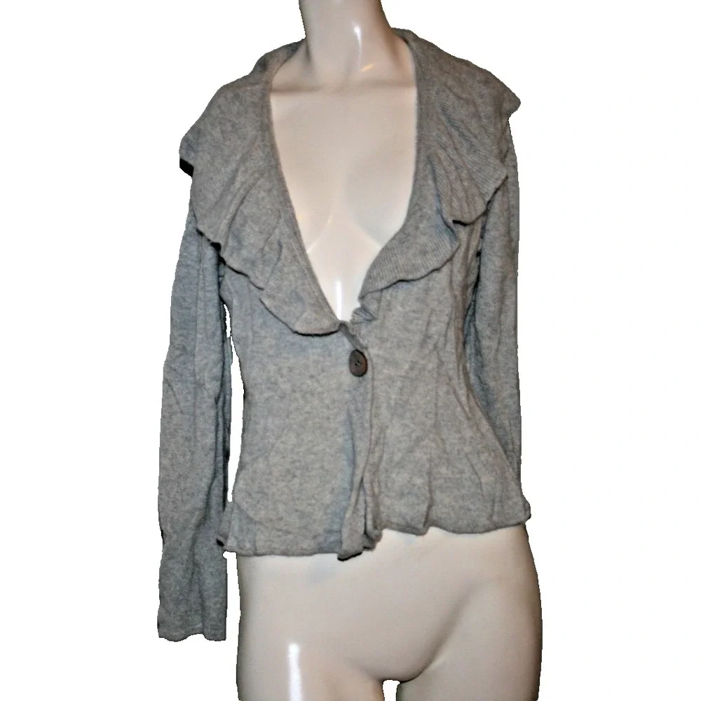 Lauren Hansen GRAY 100% CASHMERE BIG RUFFLES CARDIGAN SWEATER TOP Large